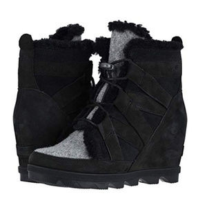 New Sorel Wedge Boots 2 tone Black Shearling 7 38